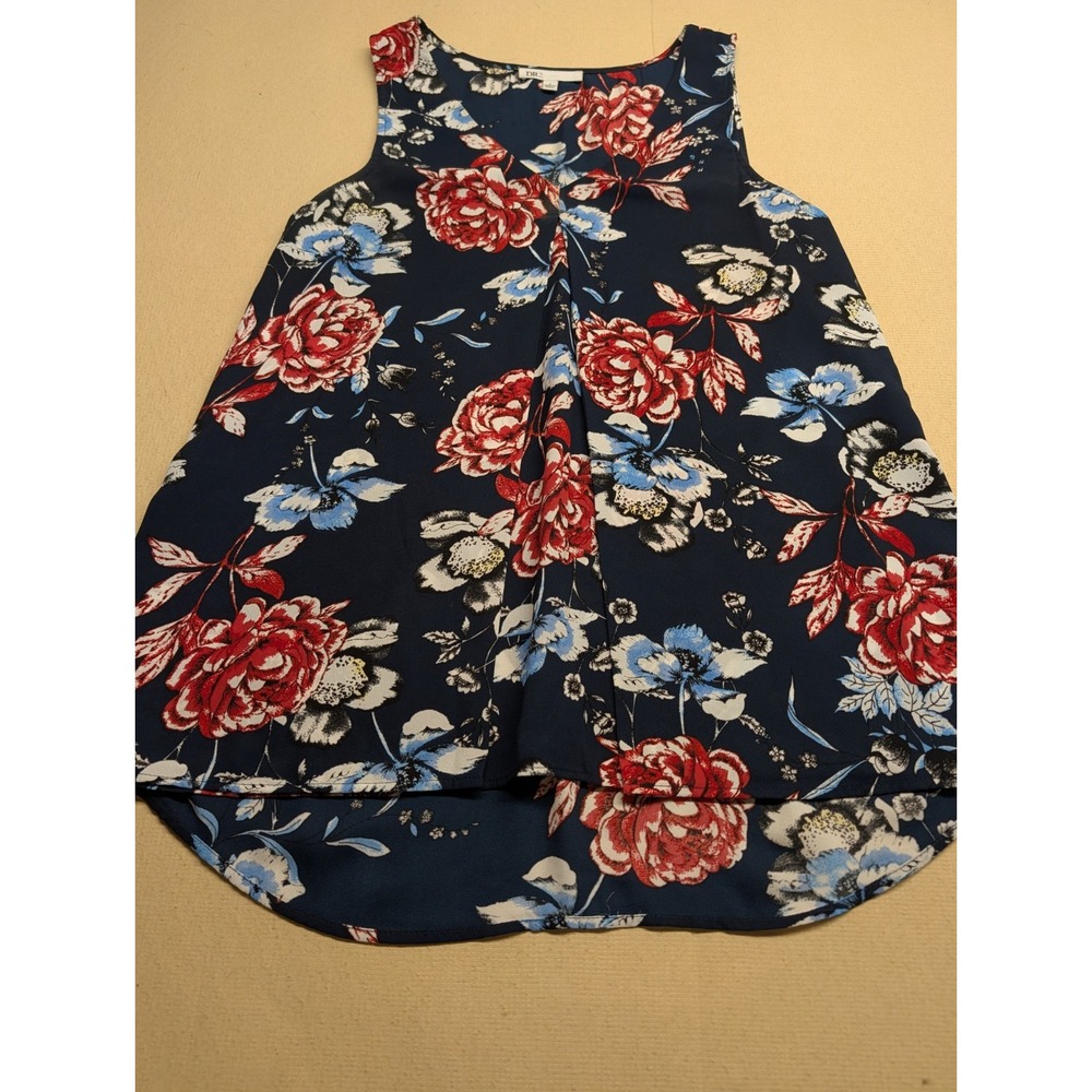 DR2 Women's Sleeveless Blouse Size S Navy Floral Polyester Pleated Front Boho